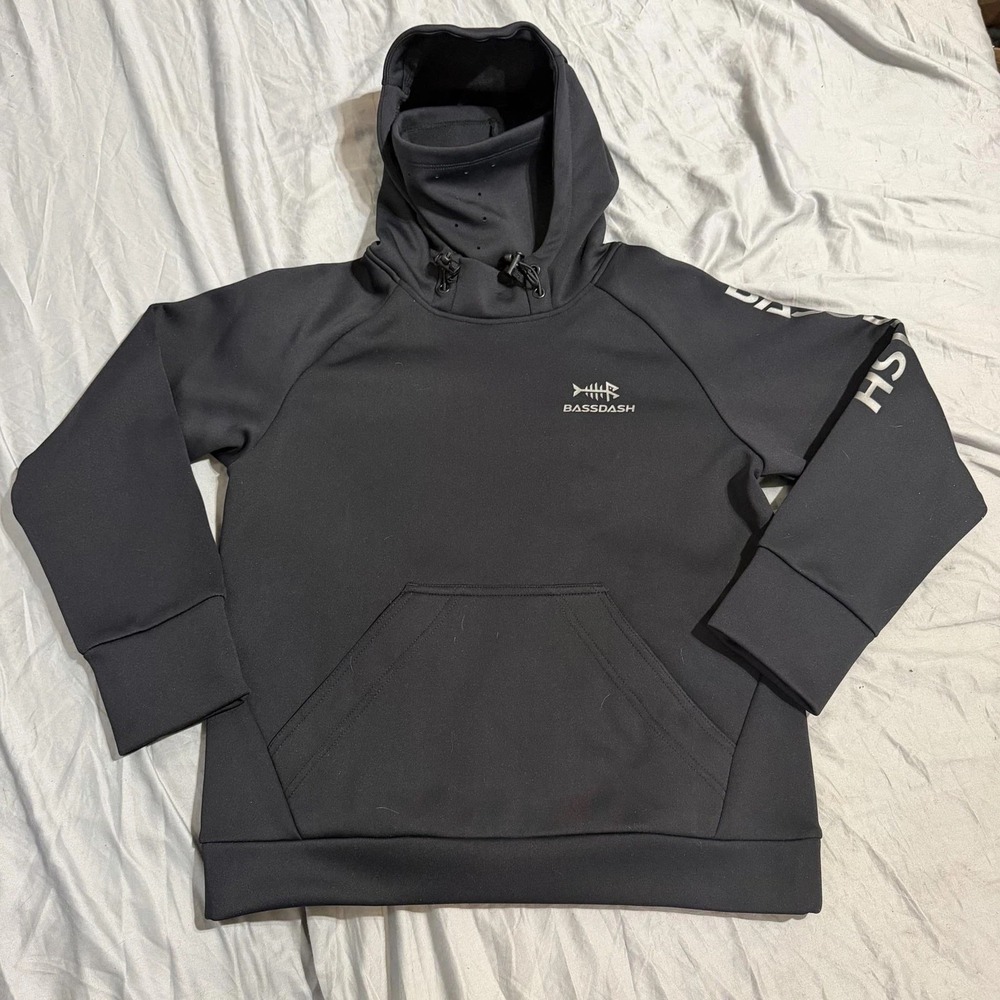 BASSDASH Hoodie Mens Small Black Fleece Fishing Hunting Pullover Pocket Logo